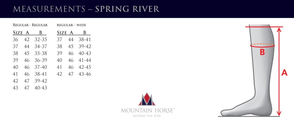 Mountain Horse Spring River Size Chart