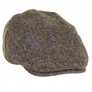 Heather Highland Harris Tweed Flat Cap - Green/Brown Herringbone